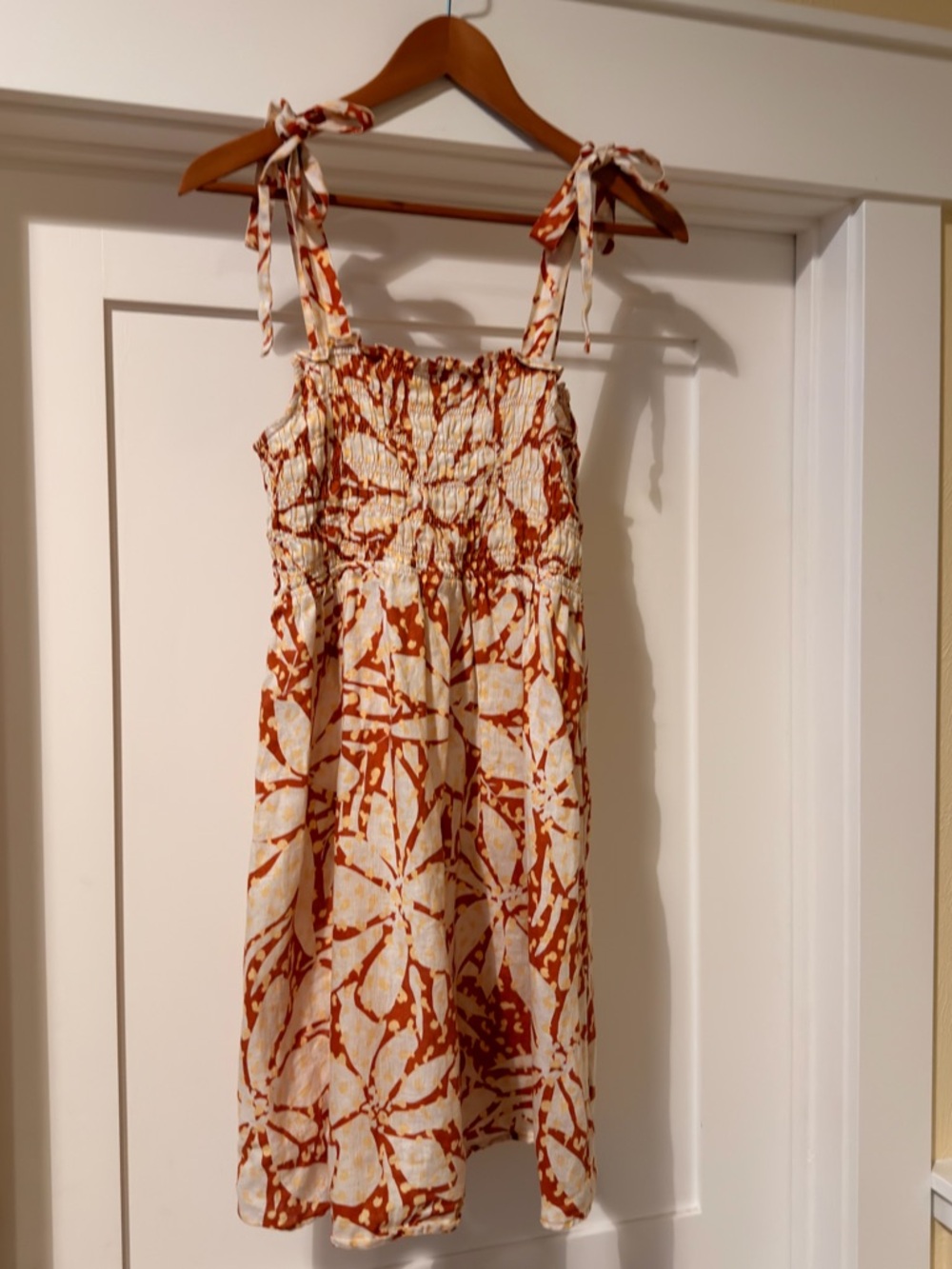 Linen White and Rust Tie-Shoulder Sun Dress